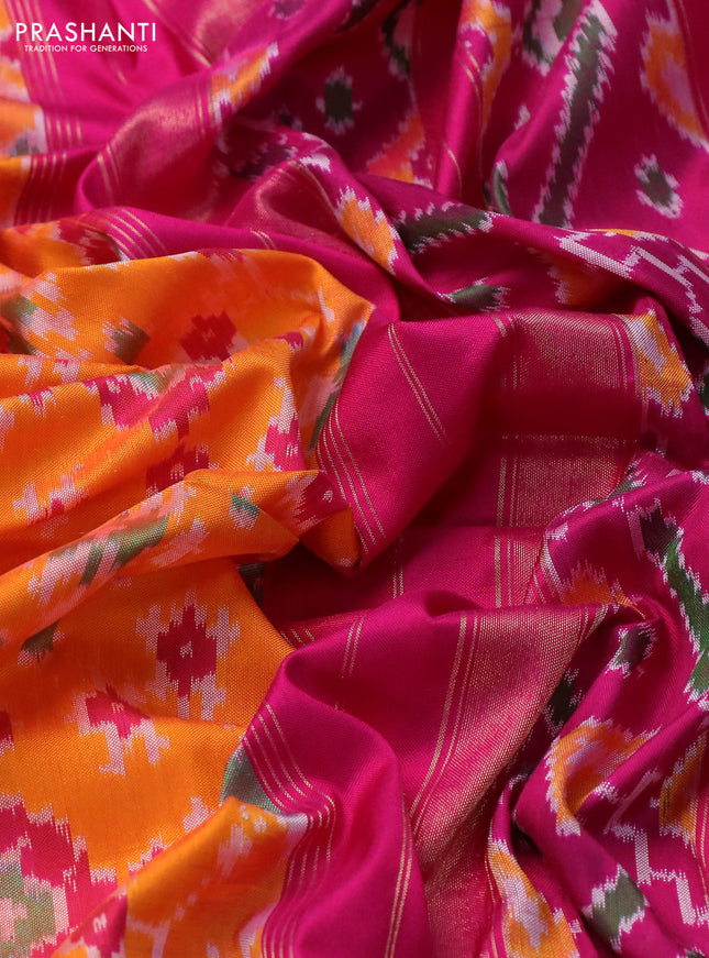 Pochampally silk saree orange and pink with allover ikat weaves and zari woven border