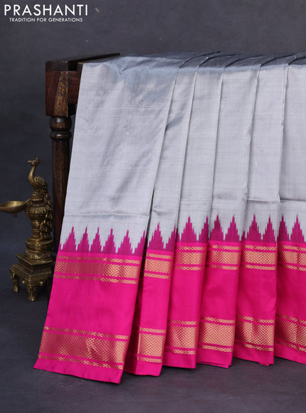 Pochampally silk saree grey and pink with plain body and temple design rettapet zari woven border