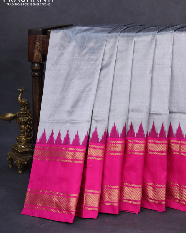 Pochampally silk saree grey and pink with plain body and temple design rettapet zari woven border