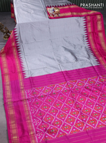 Pochampally silk saree grey and pink with plain body and temple design rettapet zari woven border