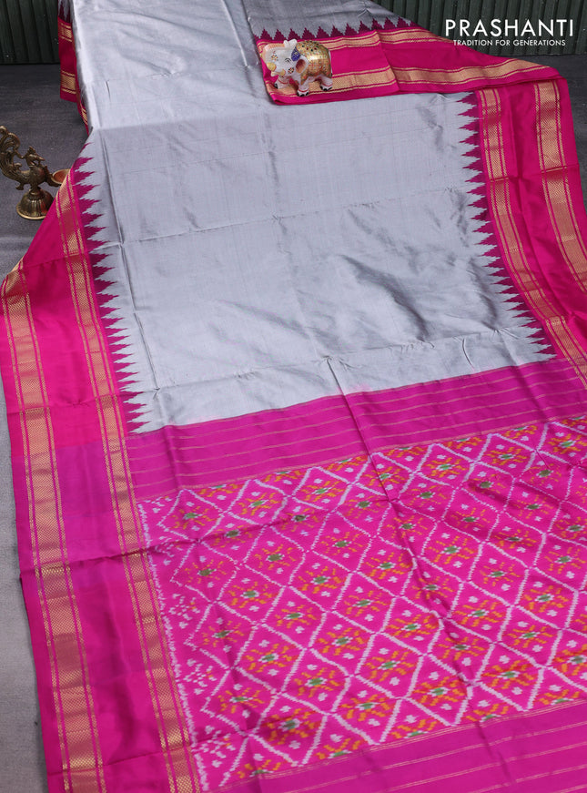 Pochampally silk saree grey and pink with plain body and temple design rettapet zari woven border
