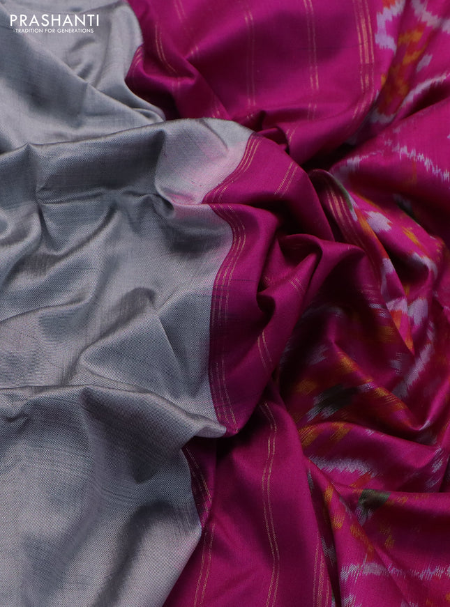 Pochampally silk saree grey and pink with plain body and temple design rettapet zari woven border