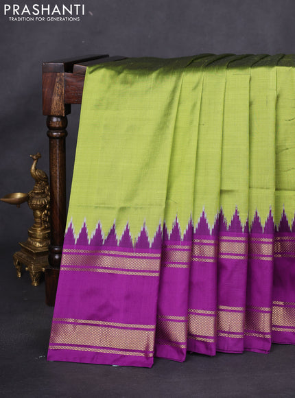 Pochampally silk saree light green and purple with plain body and temple design rettapet zari woven border