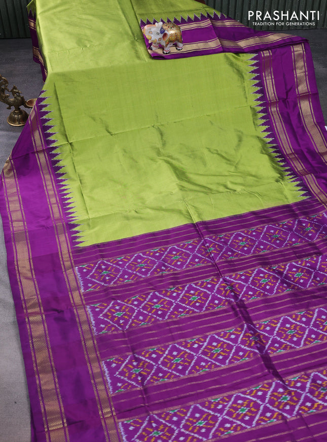 Pochampally silk saree light green and purple with plain body and temple design rettapet zari woven border