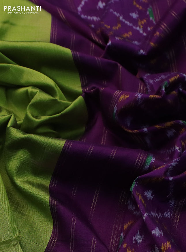 Pochampally silk saree light green and purple with plain body and temple design rettapet zari woven border