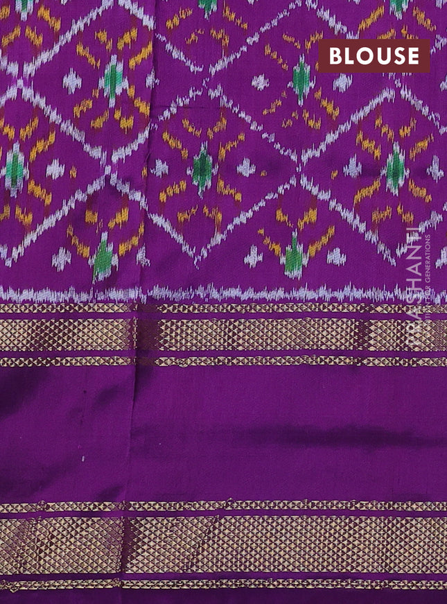 Pochampally silk saree dark mustard and purple with plain body and temple design rettapet zari woven border