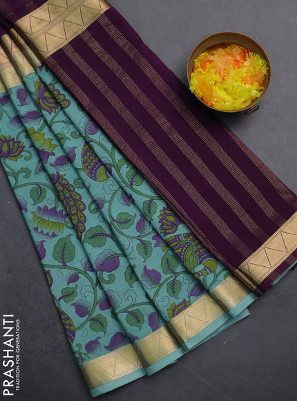 Semi mysore silk saree wine shade and pastel blue with half & half style and long kalamkari printed border