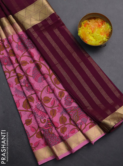 Semi mysore silk saree deep purple and light pink with half & half style and long kalamkari printed border