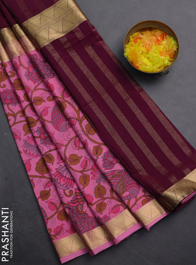 Semi mysore silk saree deep purple and light pink with half & half style and long kalamkari printed border
