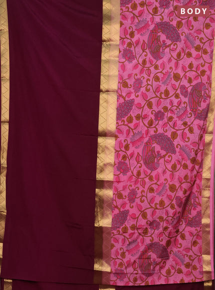 Semi mysore silk saree deep purple and light pink with half & half style and long kalamkari printed border