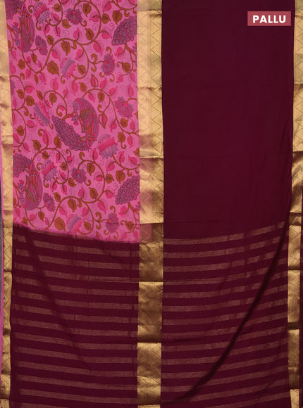 Semi mysore silk saree deep purple and light pink with half & half style and long kalamkari printed border