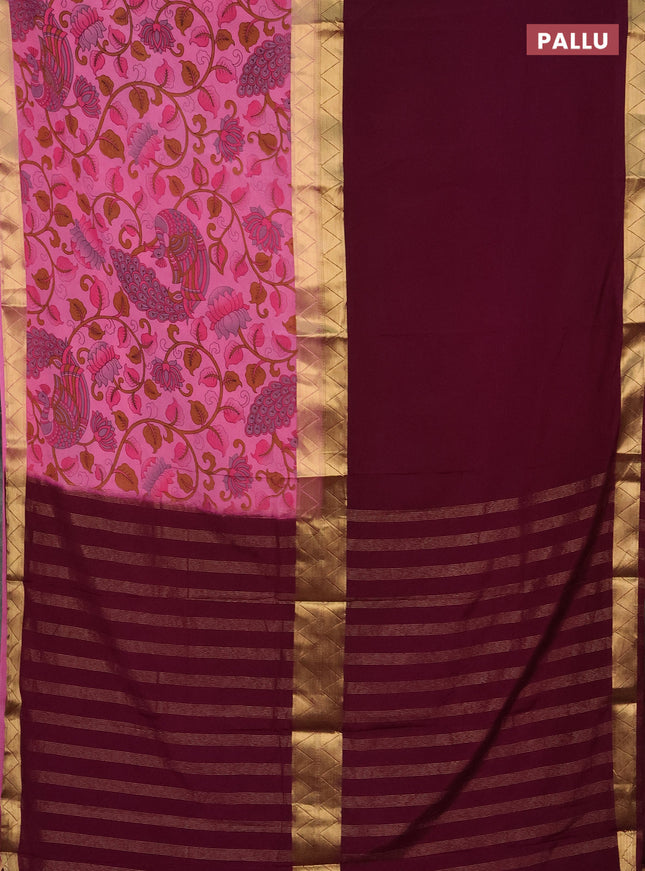 Semi mysore silk saree deep purple and light pink with half & half style and long kalamkari printed border