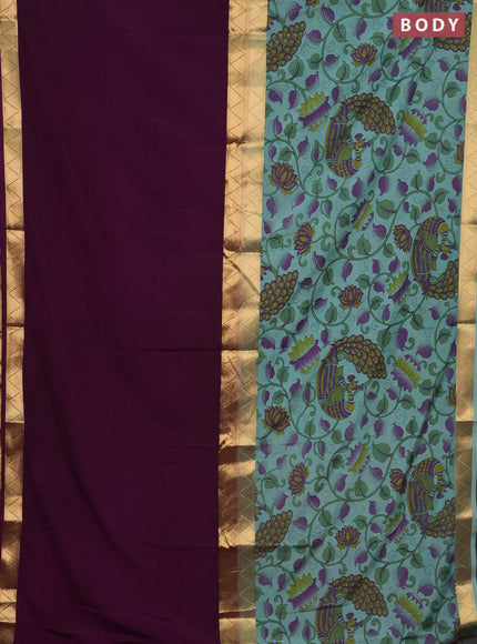 Semi mysore silk saree wine shade and pastel blue with half & half style and long kalamkari printed border