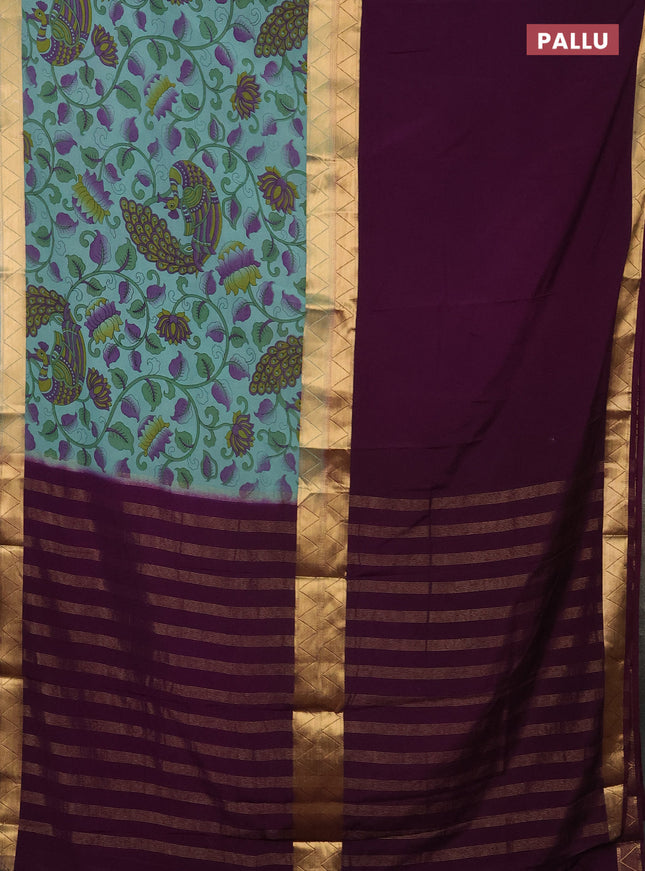 Semi mysore silk saree wine shade and pastel blue with half & half style and long kalamkari printed border