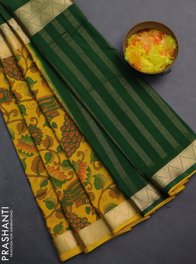 Semi mysore silk saree green and mustard yellow with half & half style and long kalamkari printed border