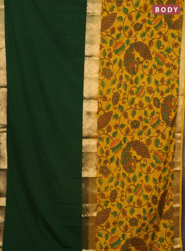 Semi mysore silk saree green and mustard yellow with half & half style and long kalamkari printed border