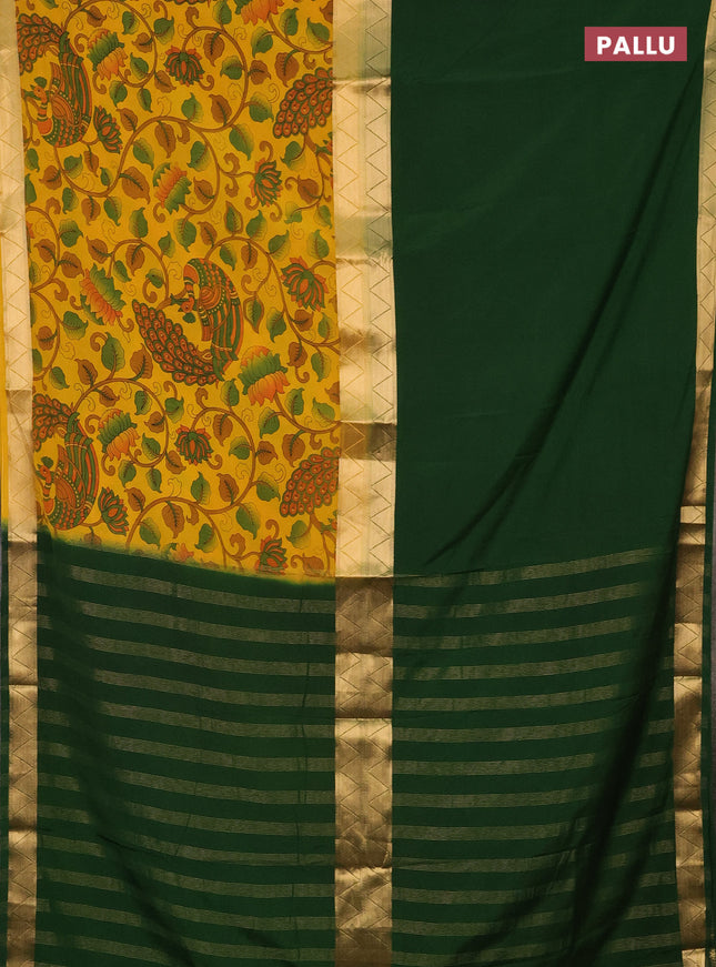 Semi mysore silk saree green and mustard yellow with half & half style and long kalamkari printed border