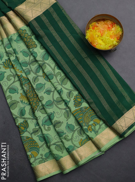 Semi mysore silk saree green and pastel green with half & half style and long kalamkari printed border