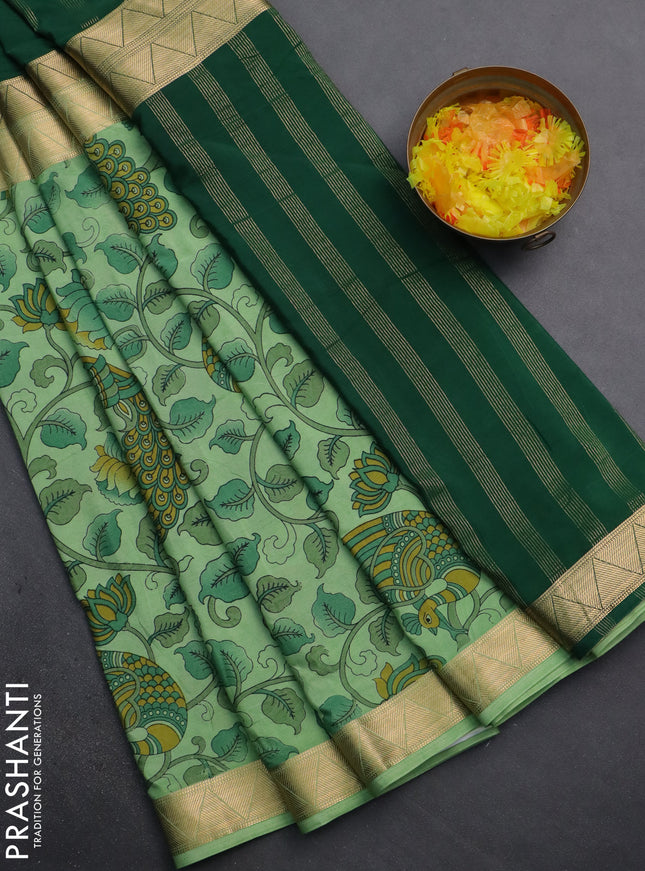 Semi mysore silk saree green and pastel green with half & half style and long kalamkari printed border