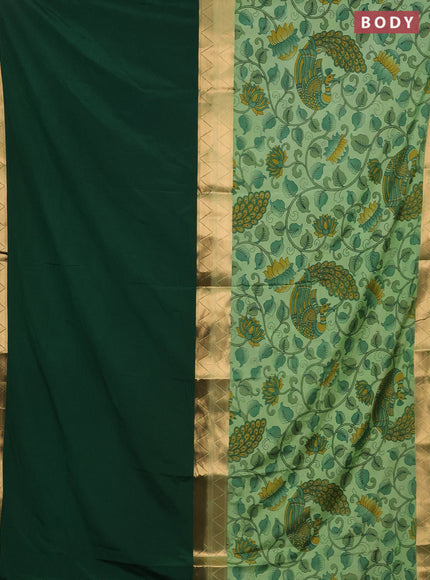 Semi mysore silk saree green and pastel green with half & half style and long kalamkari printed border