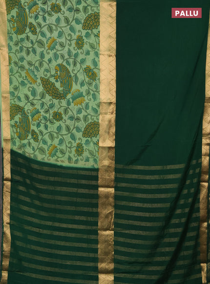 Semi mysore silk saree green and pastel green with half & half style and long kalamkari printed border