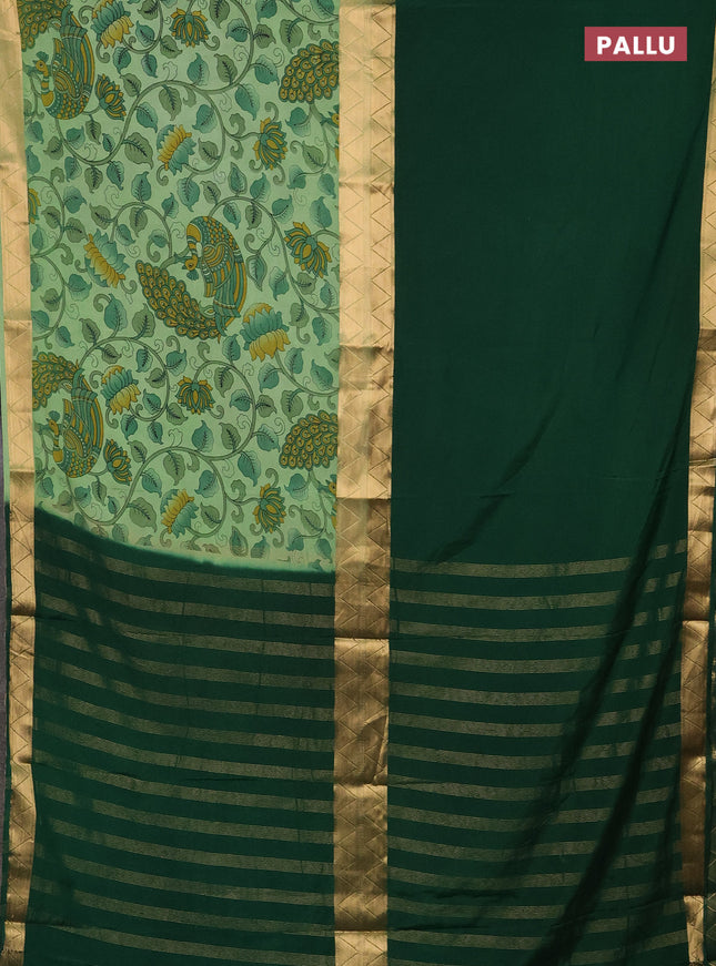 Semi mysore silk saree green and pastel green with half & half style and long kalamkari printed border