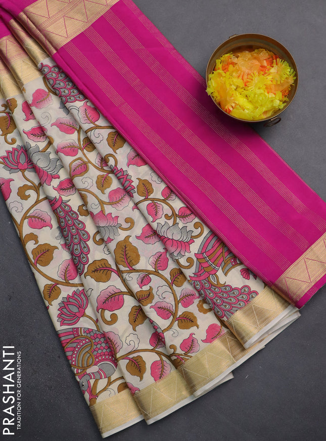 Semi mysore silk saree pink and cream with half & half style and long kalamkari printed border