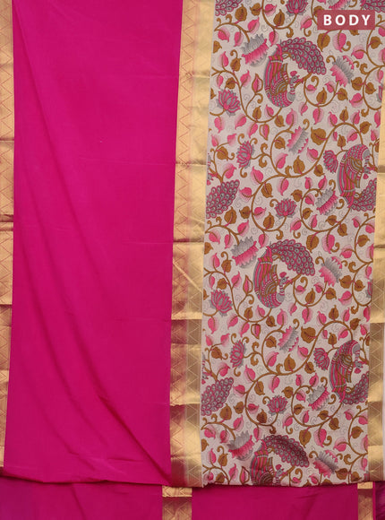 Semi mysore silk saree pink and cream with half & half style and long kalamkari printed border
