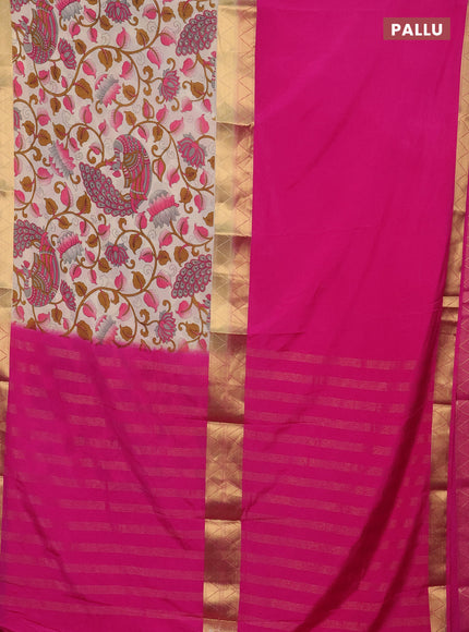 Semi mysore silk saree pink and cream with half & half style and long kalamkari printed border