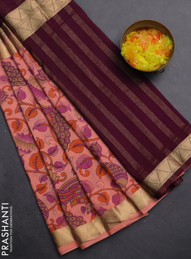 Semi mysore silk saree wine shade and peach orange with half & half style and long kalamkari printed border