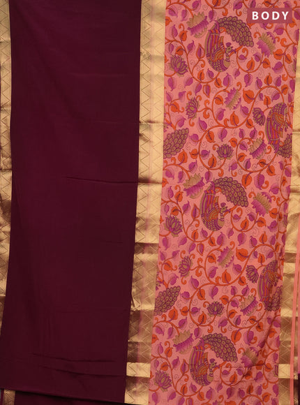 Semi mysore silk saree wine shade and peach orange with half & half style and long kalamkari printed border