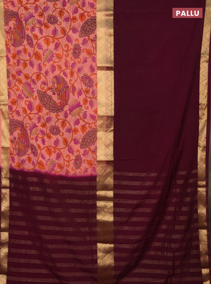 Semi mysore silk saree wine shade and peach orange with half & half style and long kalamkari printed border
