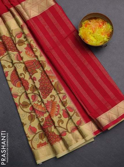 Semi mysore silk saree red and sandal with half & half style and long kalamkari printed border