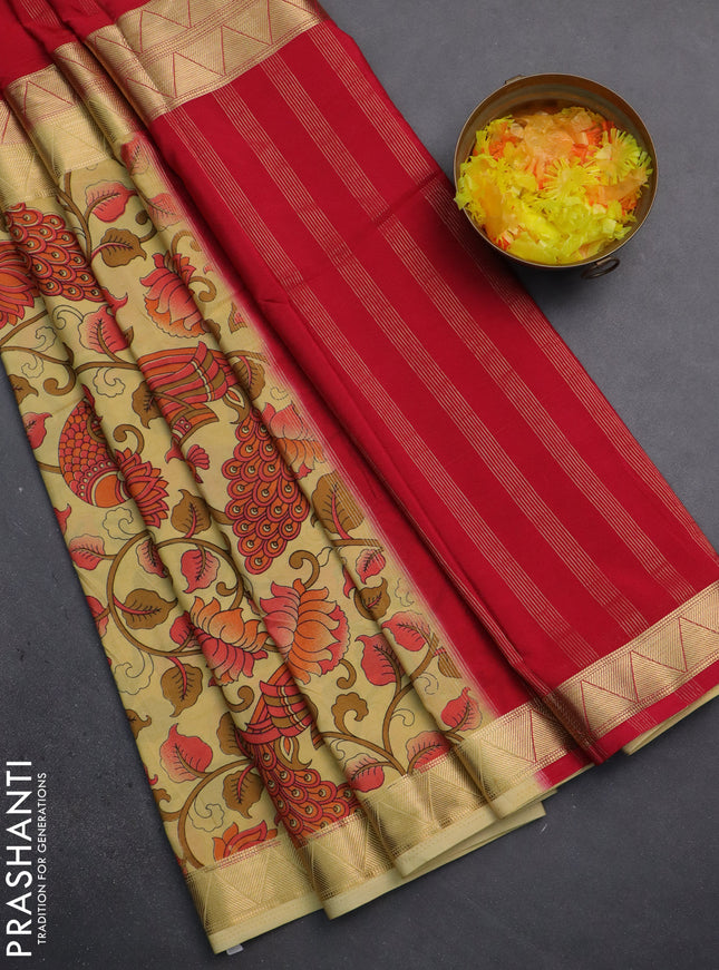 Semi mysore silk saree red and sandal with half & half style and long kalamkari printed border