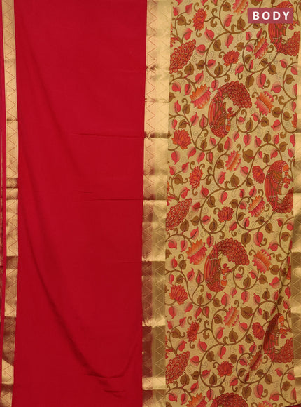 Semi mysore silk saree red and sandal with half & half style and long kalamkari printed border