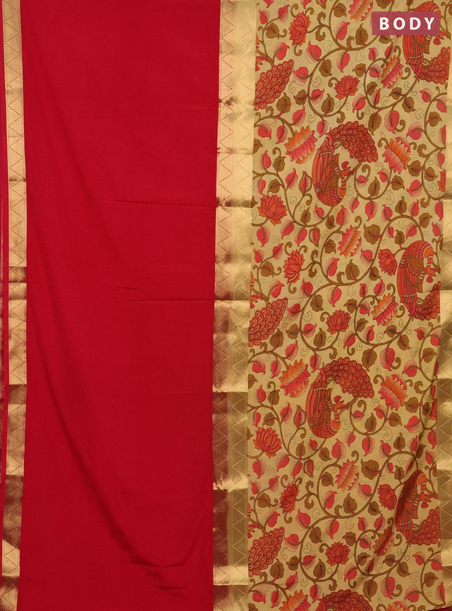 Semi mysore silk saree red and sandal with half & half style and long kalamkari printed border