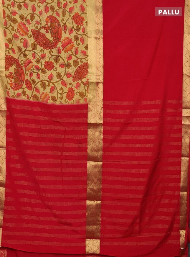 Semi mysore silk saree red and sandal with half & half style and long kalamkari printed border