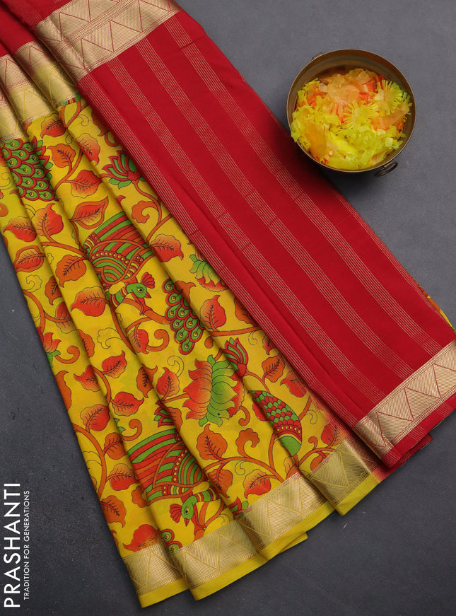Semi mysore silk saree red and yellow with half & half style and long kalamkari printed border