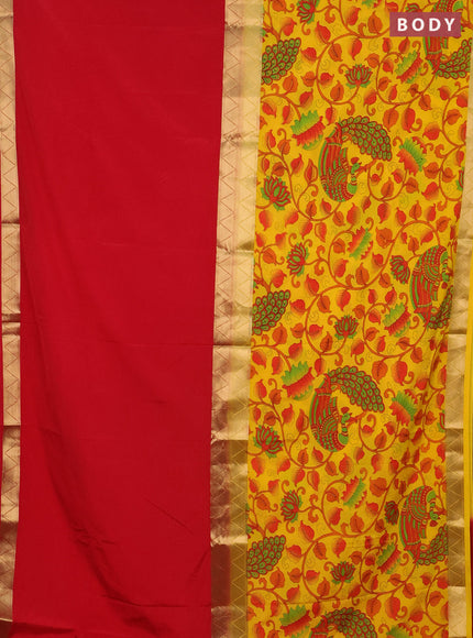 Semi mysore silk saree red and yellow with half & half style and long kalamkari printed border