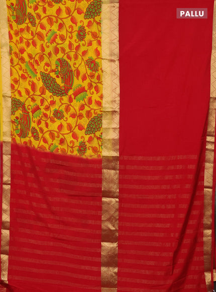 Semi mysore silk saree red and yellow with half & half style and long kalamkari printed border