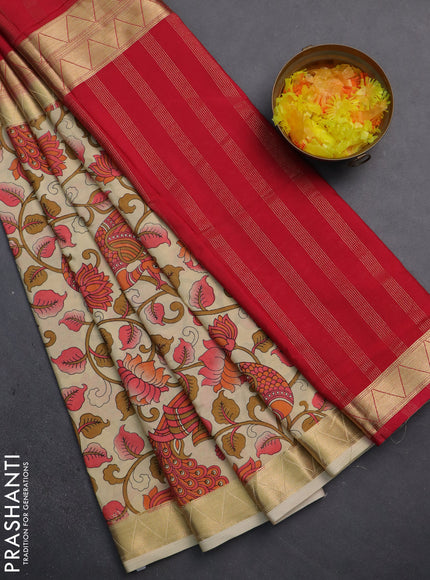 Semi mysore silk saree pink and cream with half & half style and long kalamkari printed border