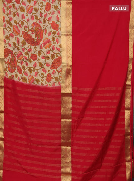 Semi mysore silk saree pink and cream with half & half style and long kalamkari printed border