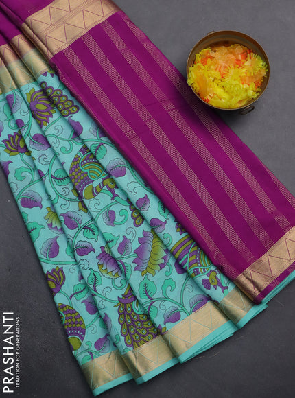 Semi mysore silk saree purple and pastel blue with half & half style and long kalamkari printed border