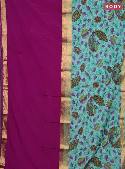 Semi mysore silk saree purple and pastel blue with half & half style and long kalamkari printed border