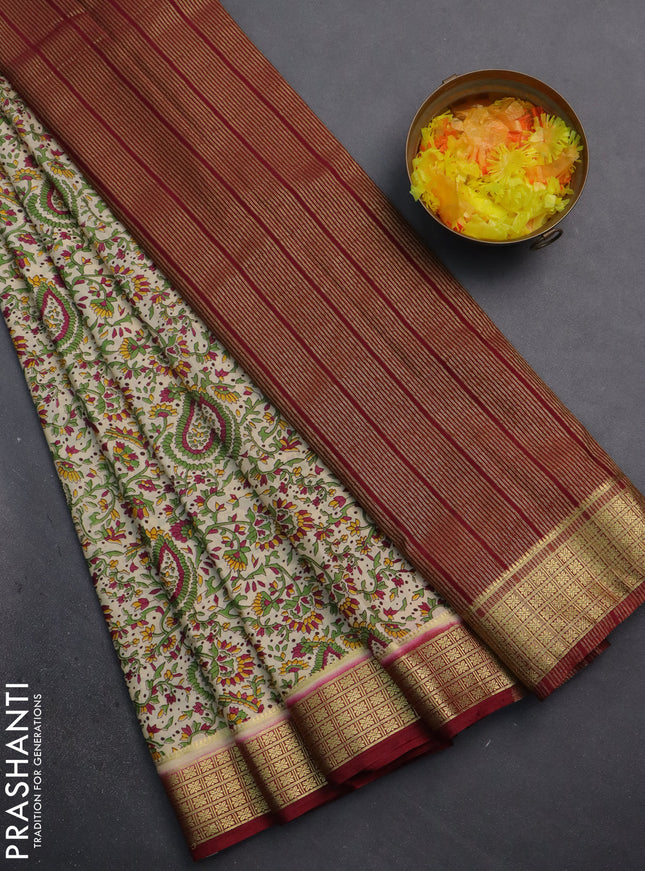 Semi mysore silk saree cream and maroon with allover prints and zari woven border