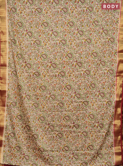 Semi mysore silk saree cream and maroon with allover prints and zari woven border