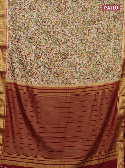 Semi mysore silk saree cream and maroon with allover prints and zari woven border