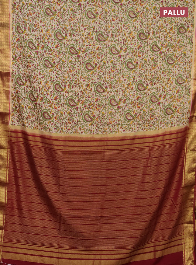 Semi mysore silk saree cream and maroon with allover prints and zari woven border