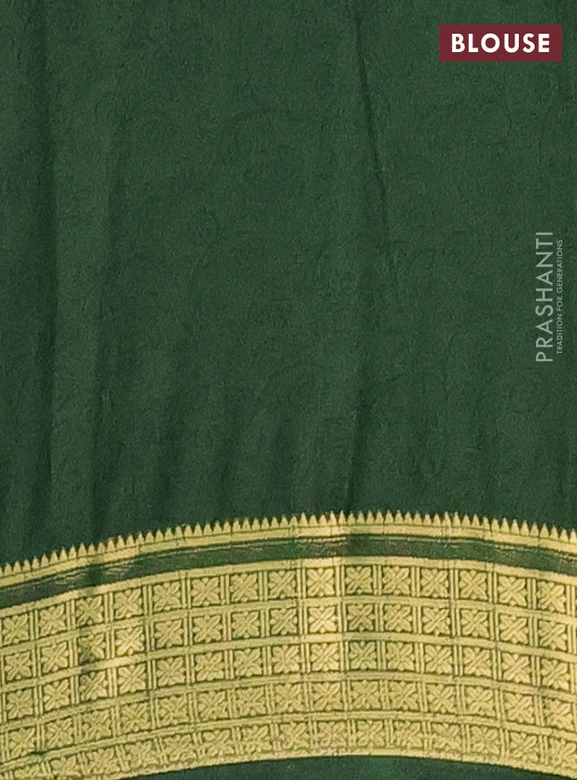 Semi mysore silk saree mustard yellow and green with allover prints and zari woven border