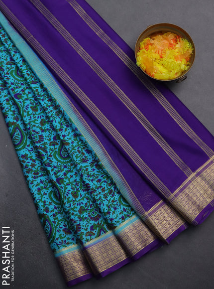 Semi mysore silk saree light blue and violet with allover prints and zari woven border
